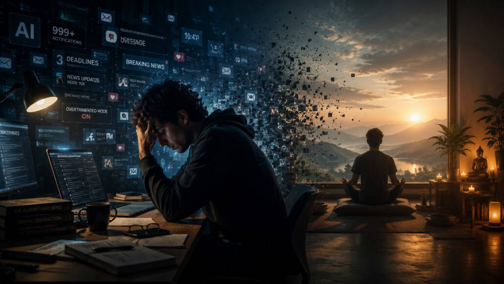 Person meditating between digital overload and peaceful awareness representing AI brain fog, attention loss, and mental clarity recovery.
