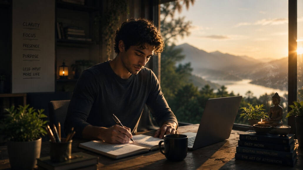 Calm focused man writing peacefully at a desk after reducing digital overload and rebuilding concentration through meditation.