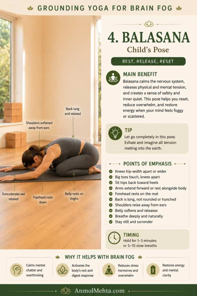 Yoga instructor practicing Balasana Child’s Pose in a calming yoga studio for stress relief, nervous system recovery, emotional regulation, and grounding yoga for brain fog.
