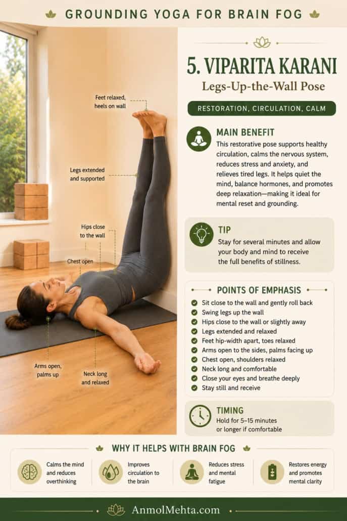 Yoga instructor practicing Viparita Karani Legs-Up-the-Wall Pose in a serene yoga studio to reduce mental fatigue, calm the nervous system, and support parasympathetic recovery.