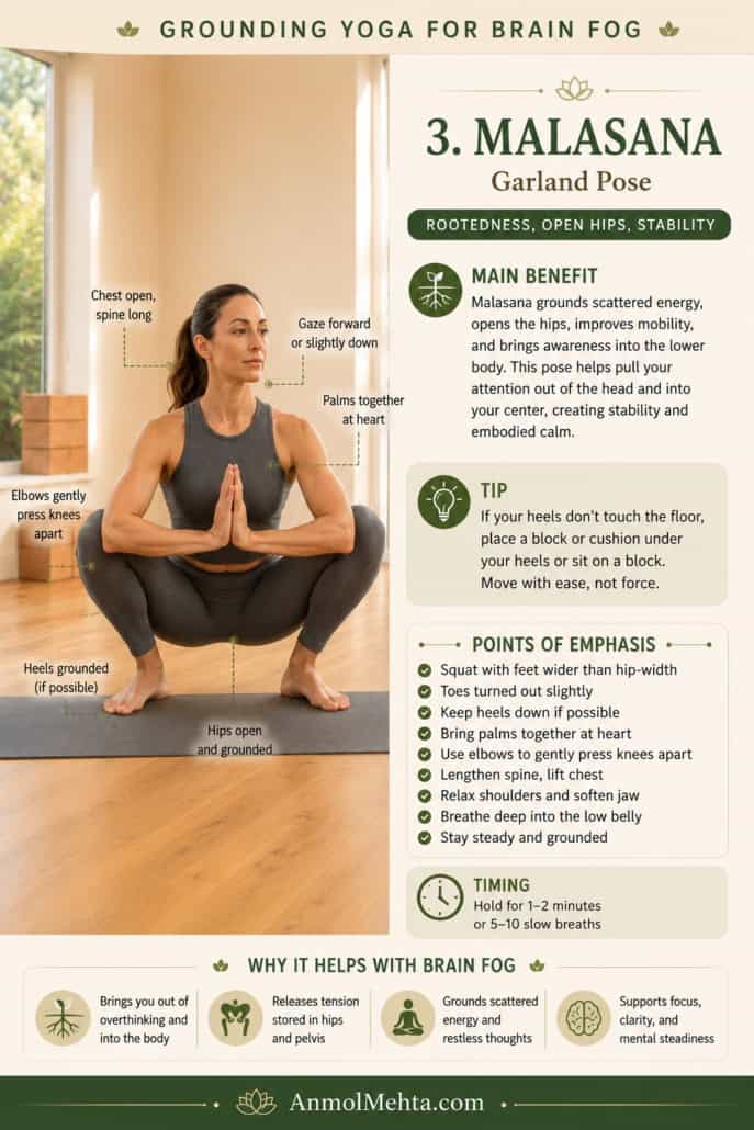 Yoga instructor practicing Malasana Garland Pose in a grounding yoga studio environment to support nervous system regulation, pelvic grounding, stability, and mental clarity.