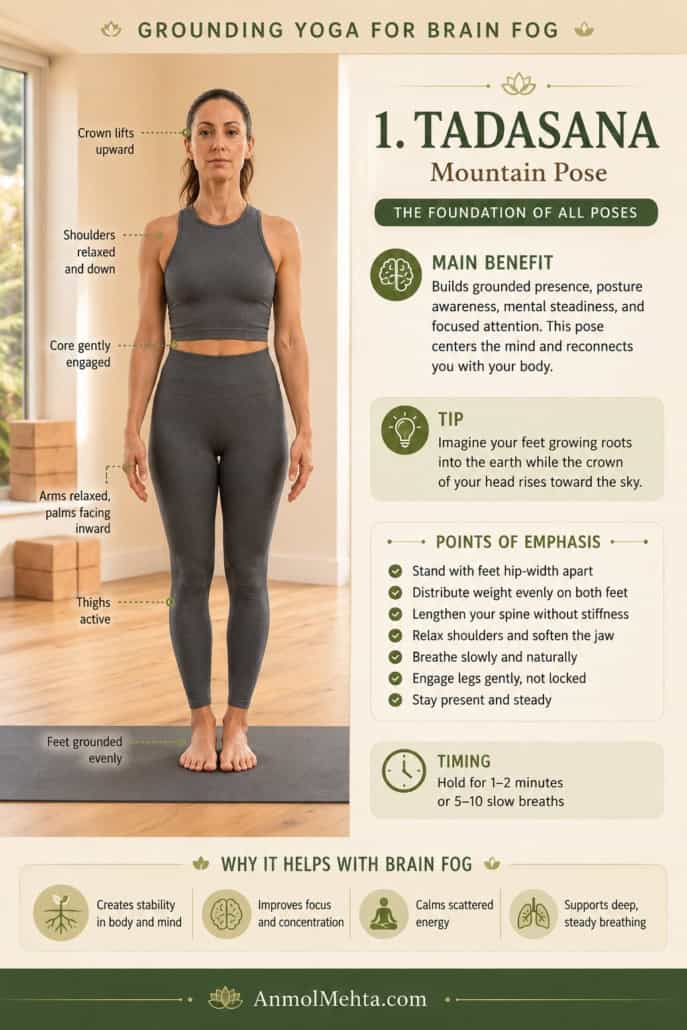 Yoga instructor practicing Tadasana Mountain Pose in a calming yoga studio as part of a grounding yoga sequence for brain fog, focus, posture awareness, and nervous system stability.