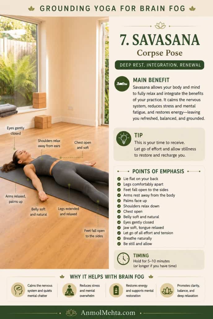Yoga instructor practicing Savasana Corpse Pose in a calming yoga studio to support nervous system recovery, deep rest, stress relief, and mental clarity.