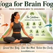 Infographic showing how grounding yoga helps reduce brain fog, nervous system overload, stress, screen fatigue, and mental exhaustion through grounding yoga practices, breath awareness, and nervous system regulation.