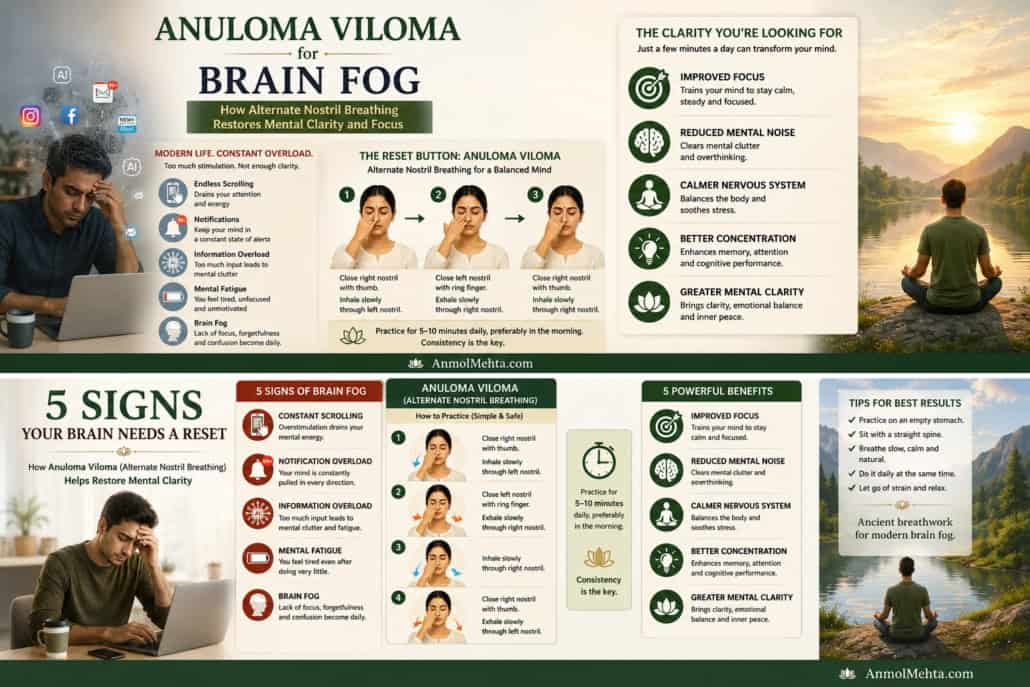 Anuloma Viloma for brain fog infographic showing how alternate nostril breathing helps improve mental clarity, focus, and nervous system regulation in the age of digital overload.