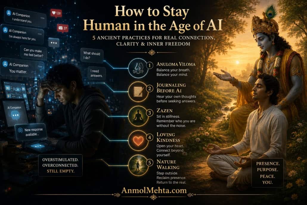 Illustration showing five ancient practices for maintaining balance in the age of artificial intelligence, including Anuloma Viloma, Journaling Before AI, Zazen, Loving Kindness Meditation, and Nature Walking.
