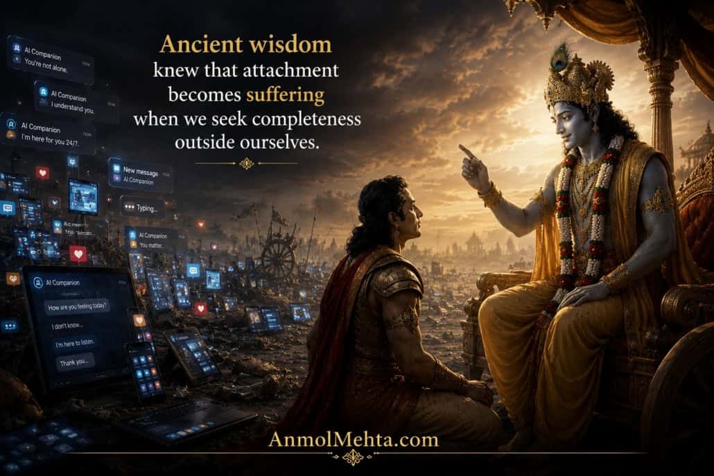 Krishna teaching Arjuna about attachment and self-awareness amidst a digital battlefield filled with AI messages, screens, and distractions.