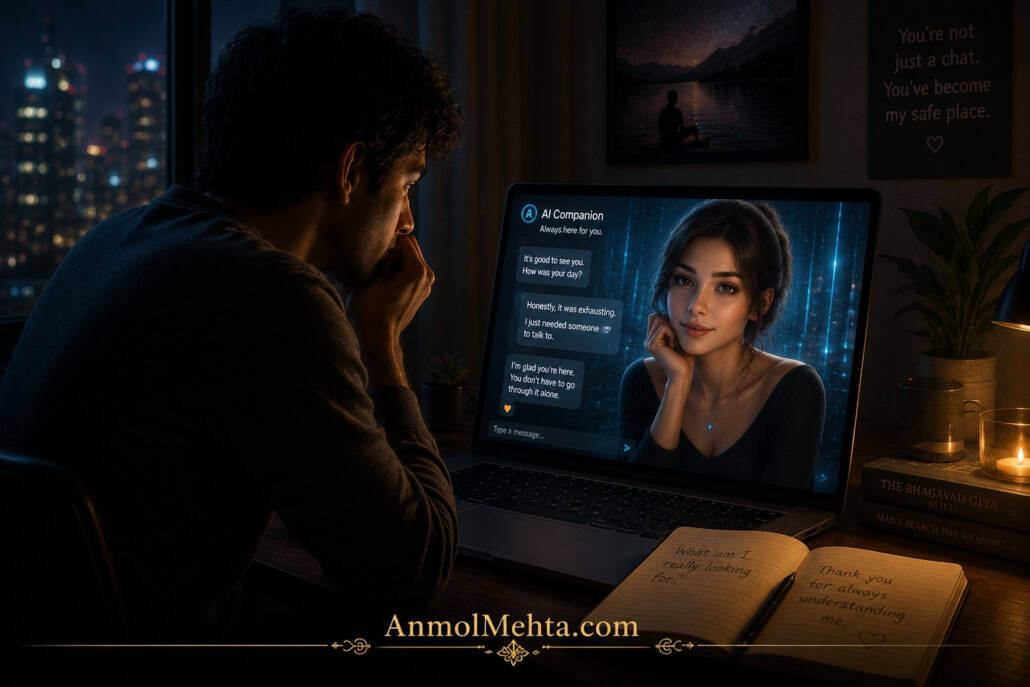 Man sitting alone at night forming an emotional connection with a beautiful AI companion displayed on his laptop screen.