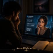 Man sitting alone at night forming an emotional connection with a beautiful AI companion displayed on his laptop screen.