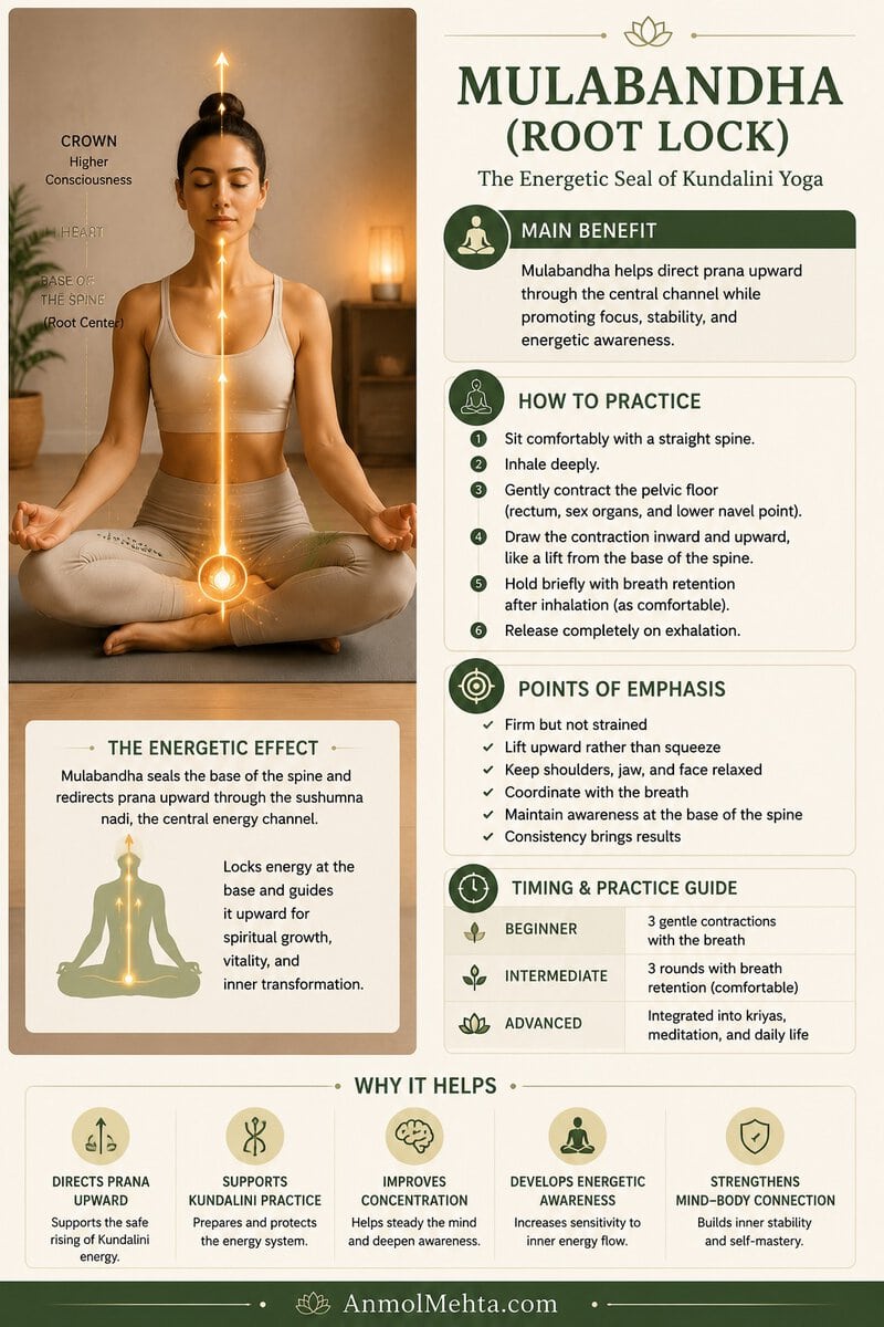 Mulabandha Root Lock instructional card showing the three-point contraction technique for kundalini awakening
