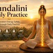 Safe Daily Routine to Awaken Kundalini Kundalini Daily Practice hero image showing a meditator at sunrise with energy rising through the central channel, illustrating a beginner-friendly Kundalini Yoga routine for awakening energy safely through daily practice.