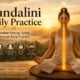 Kundalini Daily Practice hero image showing a meditator at sunrise with energy rising through the central channel, illustrating a beginner-friendly Kundalini Yoga routine for awakening energy safely through daily practice.