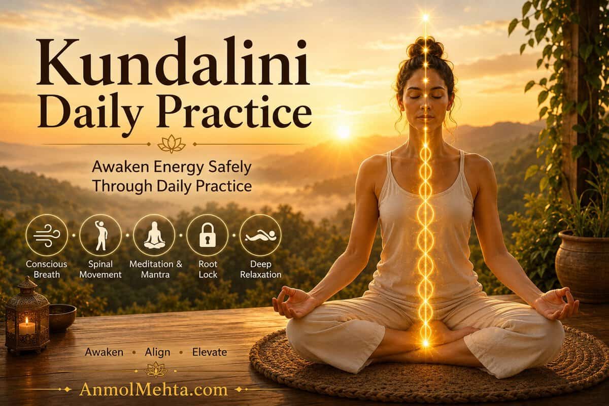 ALT TEXT Kundalini Daily Practice hero image showing a meditator at sunrise with energy rising through the central channel, illustrating a beginner-friendly Kundalini Yoga routine for awakening energy safely through daily practice.