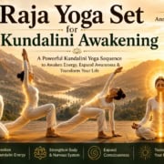Practitioner performing the Raja Yoga Set for Kundalini Awakening with energy rising through the spine during a Kundalini Yoga sequence