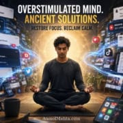 Person meditating calmly while surrounded by digital distractions, AI chat windows, notifications, screens, and information overload, illustrating meditation for an overstimulated mind.