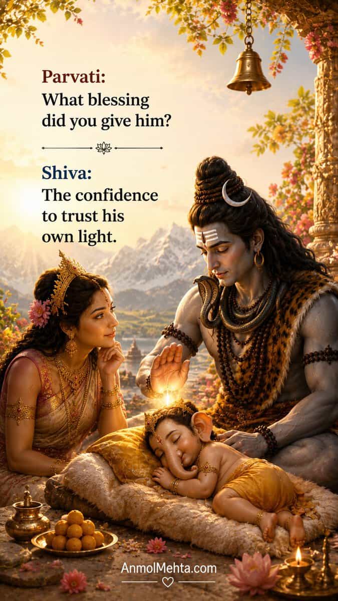 Shiva blessing Ganesha with the confidence to trust his own inner light — self-confidence as divine inheritance