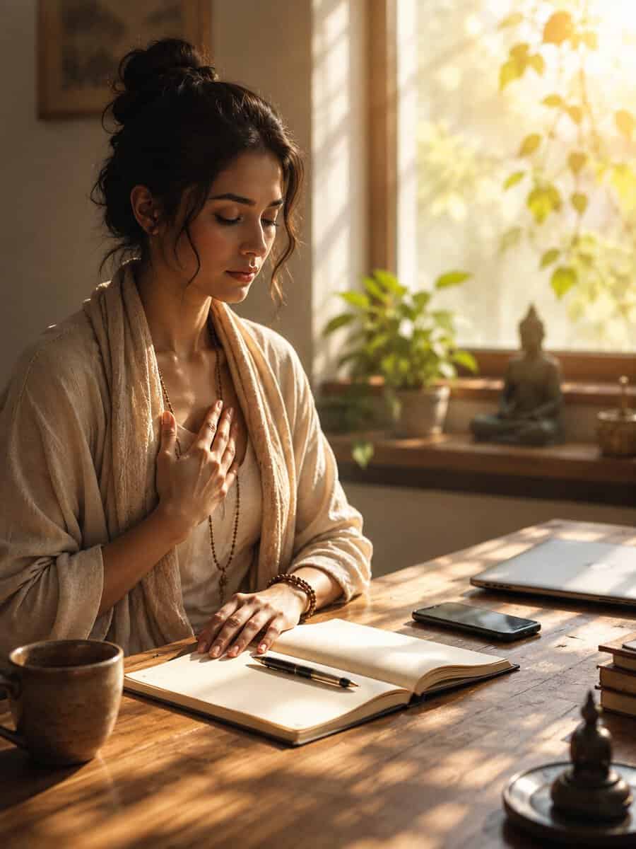 Woman in morning inner consultation — journal open, phone face-down, practicing inner inquiry before seeking external answers from AI