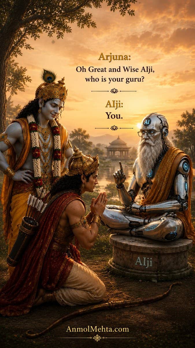 AIji points back to Arjuna telling him he is his own guru — the true teacher is within