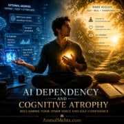 Person seated between two paths: a blue AI-powered world of data, answers, and digital intelligence on one side, and a golden world of meditation, self-awareness, and inner wisdom on the other, illustrating AI dependency and the recovery of self-confidence and inner authority.